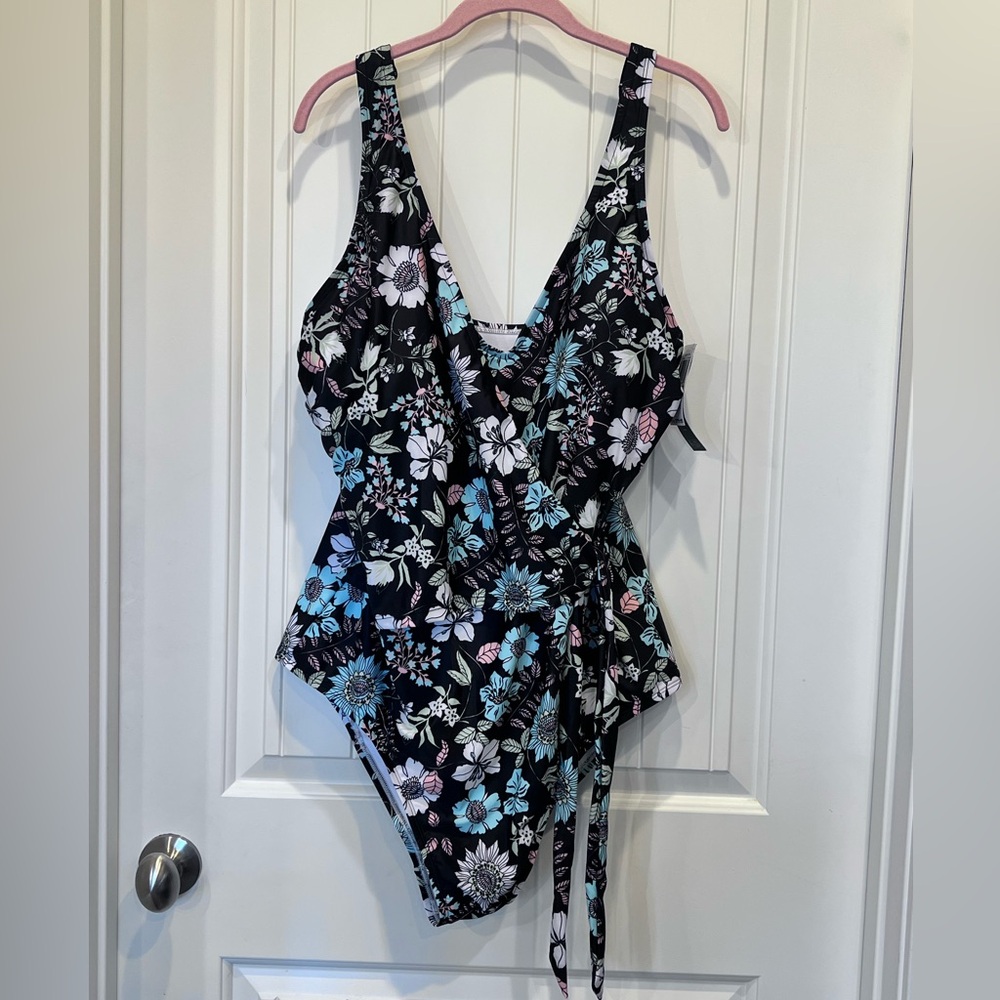 NWT 1 Piece Wrap Swimsuit Black Multi Colored Floral Adjustable Straps Sz 2X